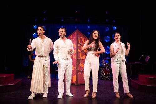 Wilson Jermaine Heredia*, Keith Pinto*, Rinabeth Apostol*, and Melissa WolfKlain* in Starting Here, Starting Now at San Francisco Playhouse.