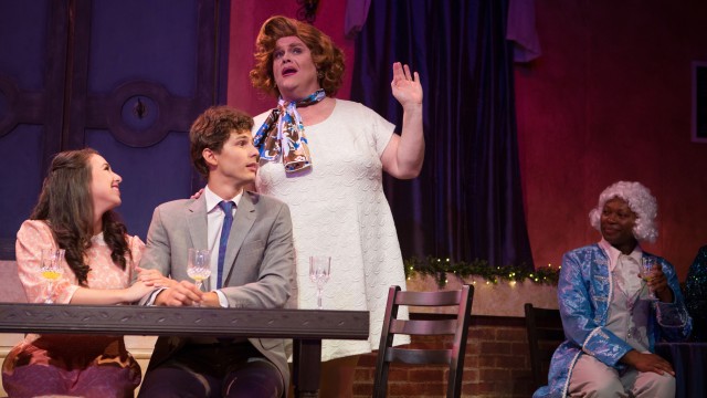 Albin (John Treacy Egan*) begins to sing at dinner with Jean-Michel (Nikita Burshteyn) and Anne (Samantha Rose).