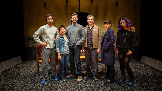 The cast of 'In Braunau' (L-R: Mohammad Shehata*, Sango Tajima, Josh Schell*, Timothy Roy Redmond*, Elissa Beth Stebbins, Sam Jackson).