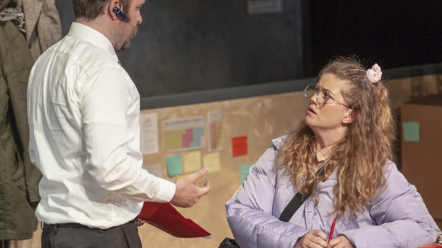 Giorgio (Cole Alexander Smith*) asks Sherri (Melissa Quine*) about a proofreading error on a key account. Photo by Ken Levin.