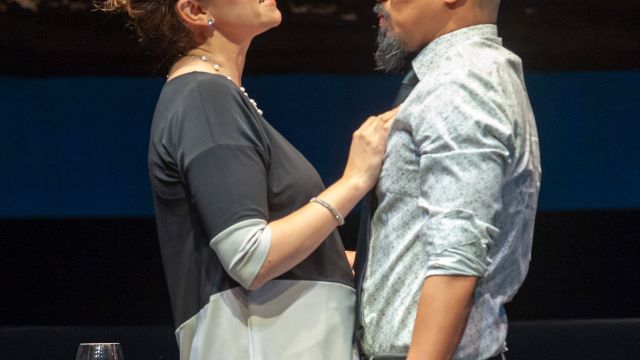 Lindsey (Katie Rubin*) and Daniel (Jomar Tagatac*) in 'You Mean to Do Me Harm' at San Francisco Playhouse.