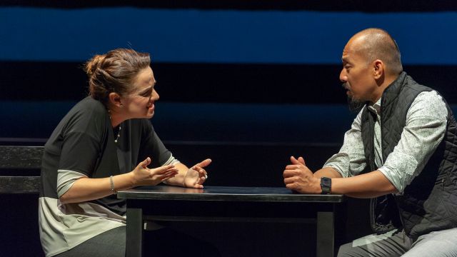 Lindsey (Katie Rubin*) and Daniel (Jomar Tagatac*) in 'You Mean to Do Me Harm' at San Francisco Playhouse.