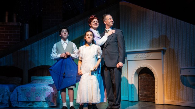 The Banks Family enjoys a moment. From left: Michael Banks (David Rukin), Jane Banks (Ruth Keith), Winifred Banks (Abby Haug*), and George Banks (Ryan Drummond*).