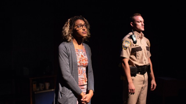 Janelle (Sam Jackson) and Brian (Max Carpenter) in 'graveyard shift' at the Creativity Theater, presented by San Francisco Playhouse.