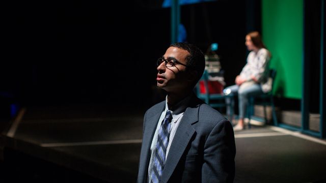 Agent Salem (Mohammad Shehata*) seeks information on Blaze (Isabel Langen) in 'A White Girl's Guide to International Terrorism'.