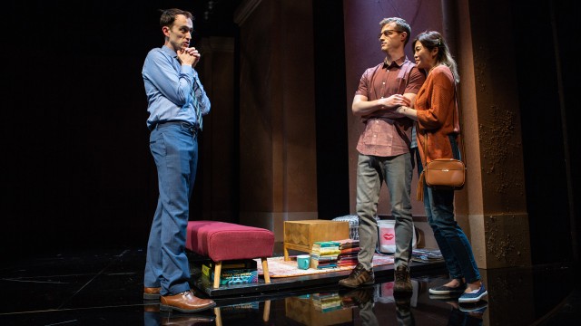 Jordan (Kyle Cameron*, left) meets Laura's (Ruibo Qian*) new boyfriend, Tony (August Browning), for the first time.