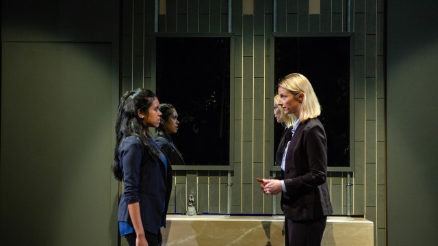 Sakina (Avanthika Srinivasan*) meets Marcia (Arwen Anderson*) in the ladies' room to discuss strategy.