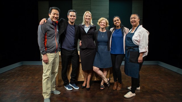 The cast of 'The Fit' with playwright Carey Perloff ((l-r: Jeff Kim, Johnny Moreno*, Arwen Anderson*, Carey Perloff, Avanthika Srinivasan*, Michelle Talgarow*).