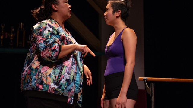 Zuzu's mom (Michelle Talgarow) gives Zuzu (Krystle Piamonte) advice after a performance.