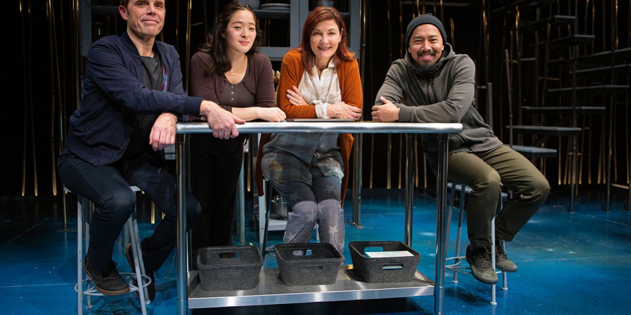 The cast of 'Tiny Beautiful Things' at San Francisco Playhouse: Letter Writer #1 (Mark Anderson Phillips), Letter Writer #2 (Kina Kantor), Sugar (Susi Damilano), and Letter Writer #3 (Jomar Tagatac).