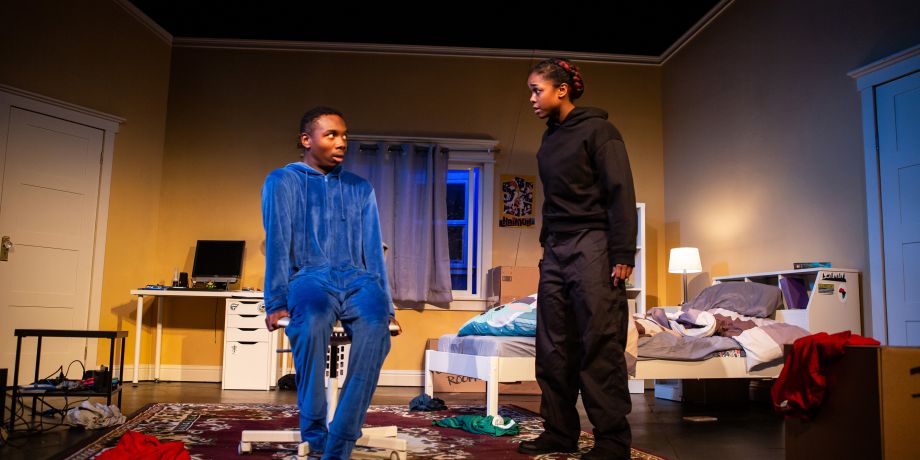Ant (Jamella Cross*) confronts Jayden (Leon Jones) late at night in 'The Great Khan' by Michael Gene Sullivan at San Francisco Playhouse.