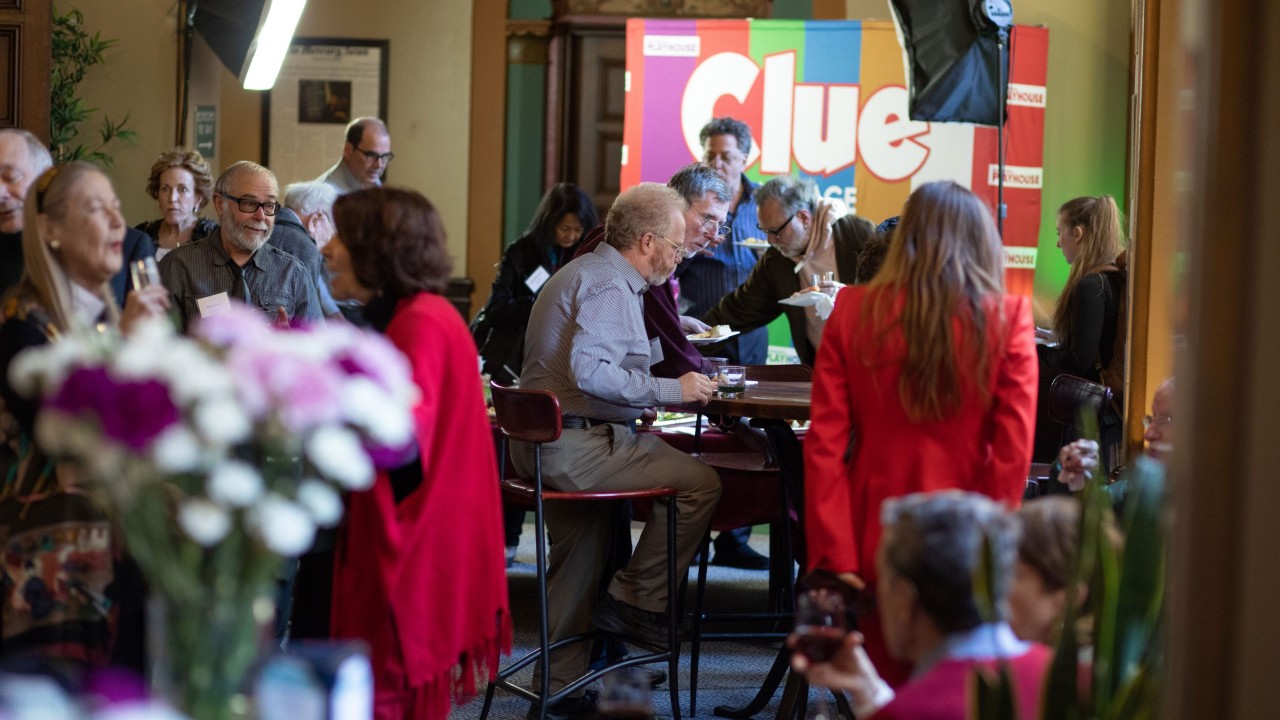 Supporters gather in the San Francisco Playhouse lobby.