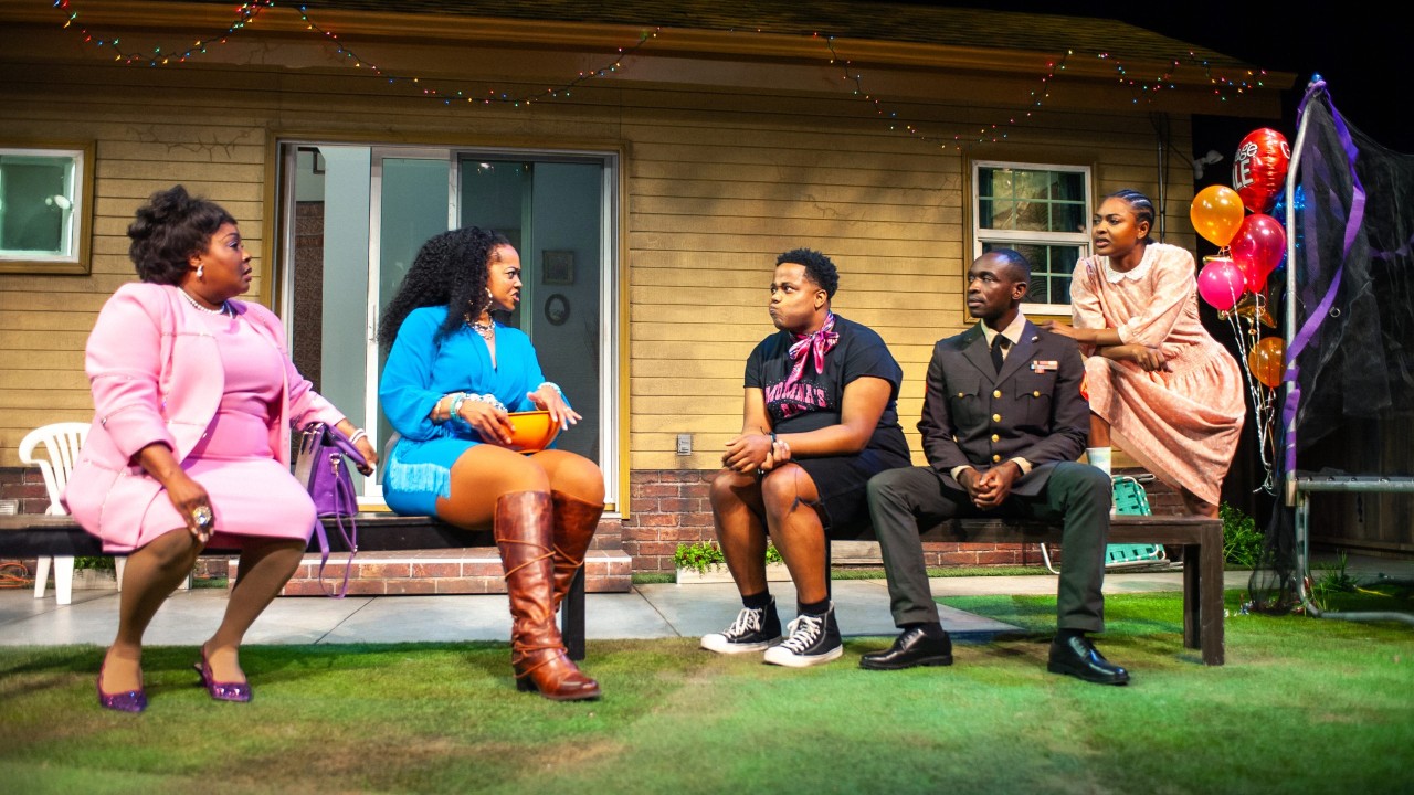 Rabby (Phaedra Tillery-Boughton), Tedra (Jenn Stephens), Juicy (Devin A. Cunningham), Larry (Samuel Ademola), and Opal (Courtney Gabrielle Williams) catch up at the barbecue in "Fat Ham," presented by San Francisco Playhouse March 20 - April 19. Rabby (Phaedra Tillery-Boughton), Tedra (Jenn Stephens), Juicy (Devin A. Cunningham), Larry (Samuel Ademola), and Opal (Courtney Gabrielle Williams) catch up at the barbecue in "Fat Ham," presented by San Francisco Playhouse March 20 - April 19.