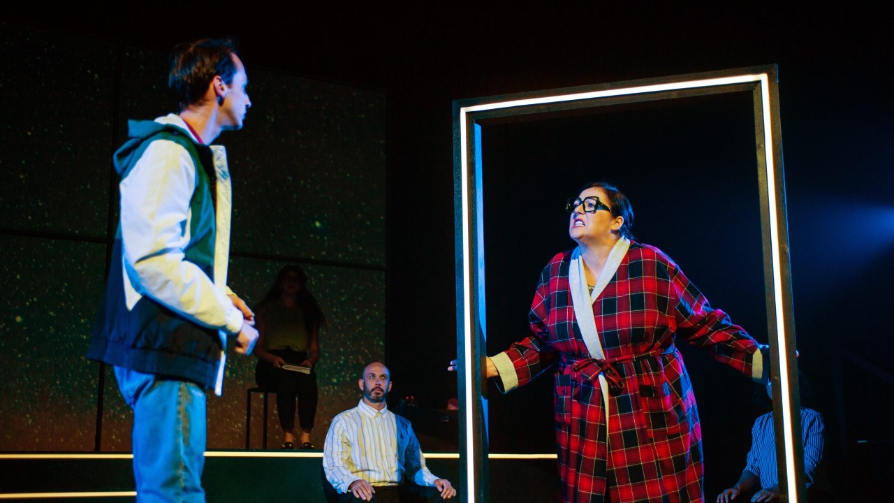 Christopher (Brendan Looney) is scolded by neighbor Mrs. Shears (Catherine Luedtke) in San Francisco Playhouse's "The Curious Incident of the Dog in the Night-Time," performing May 1 - June 21. Christopher (Brendan Looney) is scolded by neighbor Mrs. Shears (Catherine Luedtke) in San Francisco Playhouse's "The Curious Incident of the Dog in the Night-Time," performing May 1 - June 21.