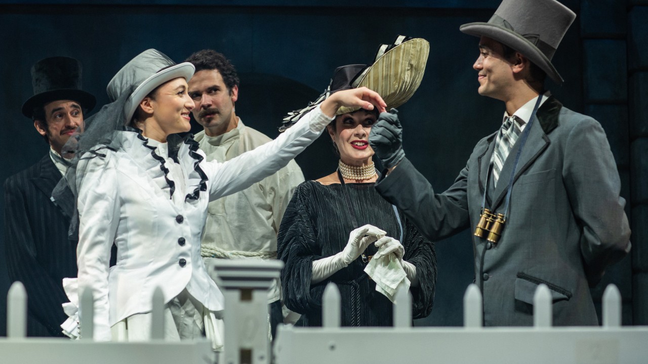 Eliza (center left- Jillian A. Smith) meets Freddy Eynsford-Hill (right- Nicholas Tabora) as Colonel Pickering (Brady Morales-Woolery), Professor Higgins (Adam Magill), and Mrs. Higgins (Jill Slyter) watch in San Francisco Playhouse's "My Fair Lady," performing July 3 - September 13, 2025. Eliza (center left- Jillian A. Smith) meets Freddy Eynsford-Hill (right- Nicholas Tabora) as Colonel Pickering (Brady Morales-Woolery), Professor Higgins (Adam Magill), and Mrs. Higgins (Jill Slyter) watch in San Francisco Playhouse's "My Fair Lady," performing July 3 - September 13, 2025.