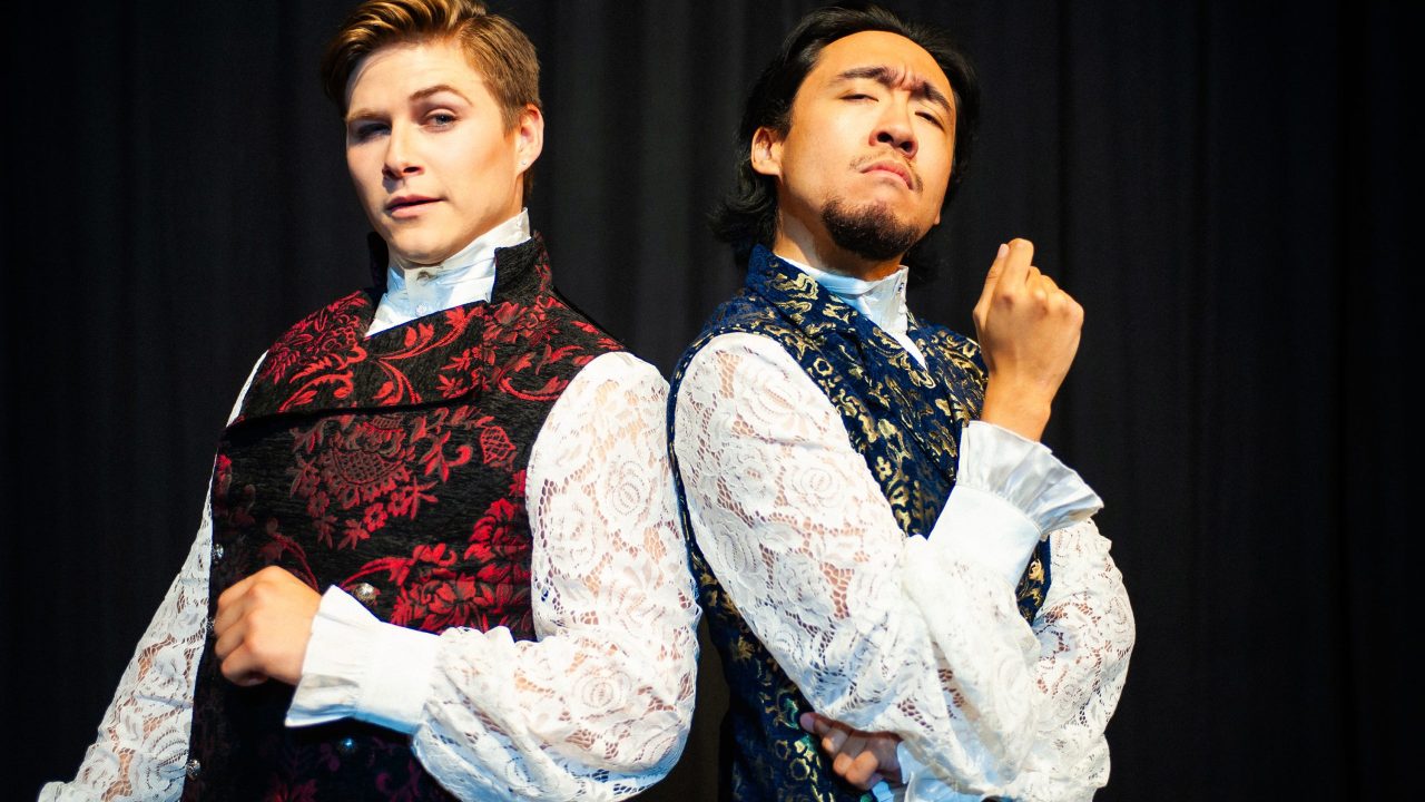 Trevor March as Cinderella's Prince and Johann Santiago Santos as Rapunzel's Prince in San Francisco Playhouse's "Into the Woods," performing November 20, 2025 - January 17, 2026. Trevor March as Cinderella's Prince and Johann Santiago Santos as Rapunzel's Prince in San Francisco Playhouse's "Into the Woods," performing November 20, 2025 - January 17, 2026.