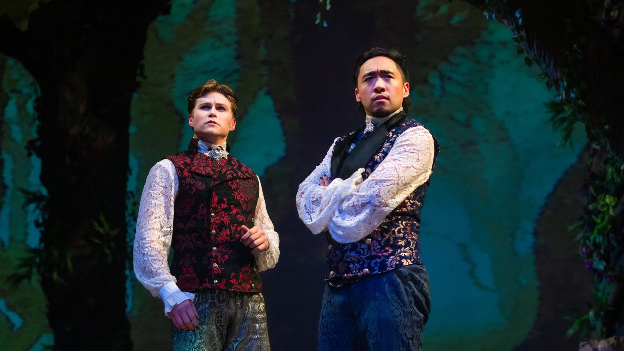 Two princes (Trevor March and Johann Santiago Santos) confide in their struggles in San Francisco Playhouse's "Into the Woods," performing November 20, 2025 - January 17, 2026. Two princes (Trevor March and Johann Santiago Santos) confide in their struggles in San Francisco Playhouse's "Into the Woods," performing November 20, 2025 - January 17, 2026.
