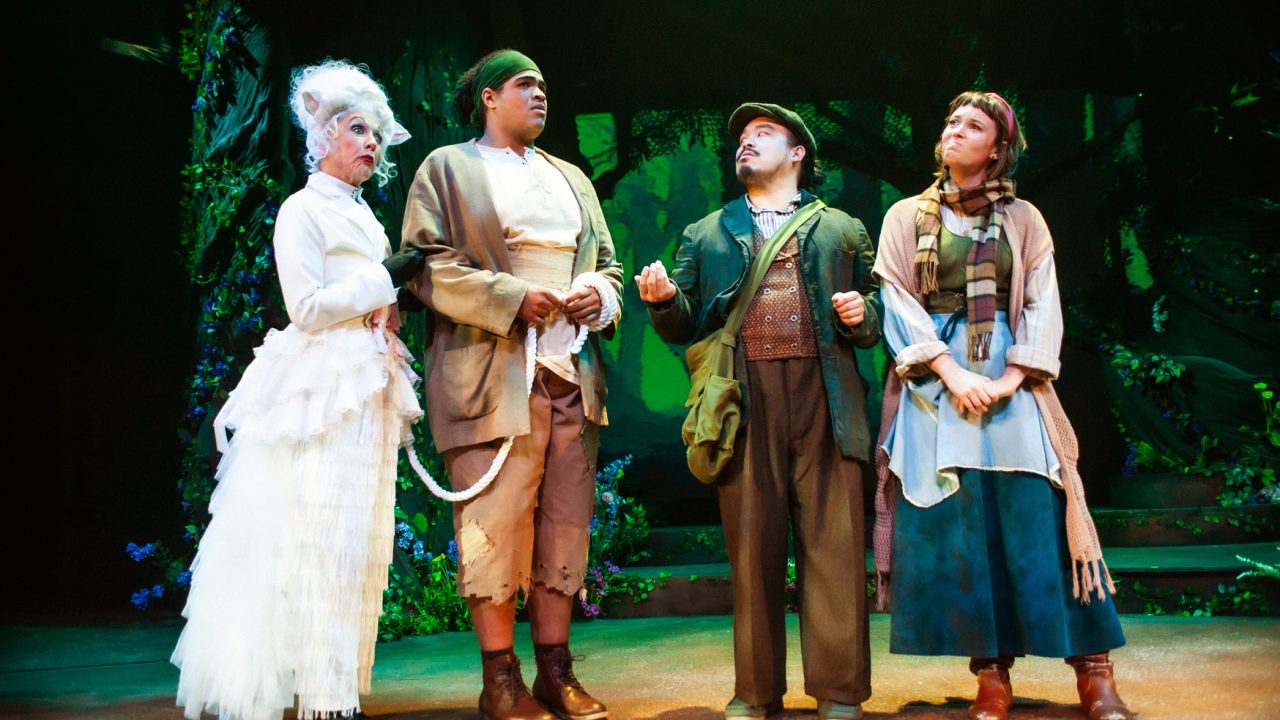 Milky White (Maureen McVerry) and Jack (William I. Schmidt) encounter The Baker (Phil Wong) and The Baker's Wife (Ruby Day) in San Francisco Playhouse's "Into the Woods," performing November 20, 2025 - January 17, 2026. Milky White (Maureen McVerry) and Jack (William I. Schmidt) encounter The Baker (Phil Wong) and The Baker's Wife (Ruby Day) in San Francisco Playhouse's "Into the Woods," performing November 20, 2025 - January 17, 2026.